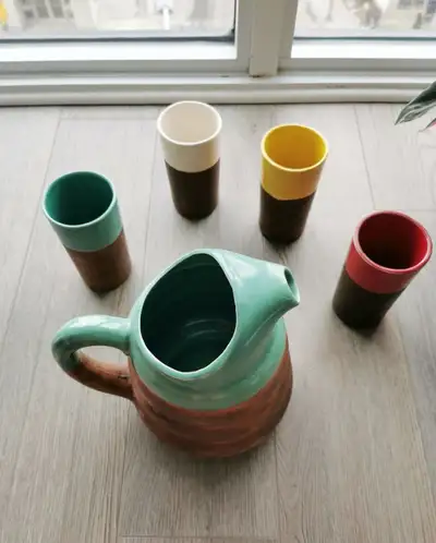 ANTIQUE POTTERY PITCHER + CUPS SET - MAXINE CLOUD - SIGNED, View more