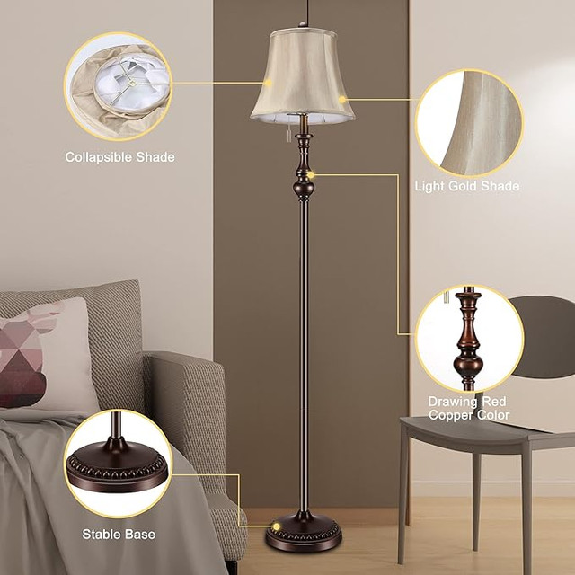 Floor Lamp, Vintage Pole Lamp with Light Golden Fabric Shade: in Indoor Lighting & Fans in Ottawa - Image 3