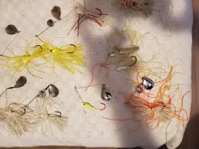 Spinnerbaits, white and yellow, single and double blade, View more