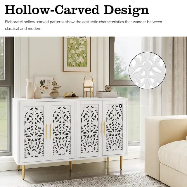 47.8" White 4-Door Vintage-Style Hollow Carved Accent Cabinet in Hutches & Display Cabinets in Markham / York Region - Image 8