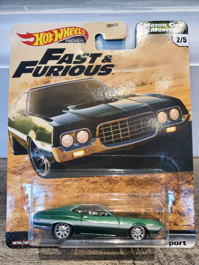 BNIB GJR70 1:64 Diecast Hot Wheels Premium Fast & Furious 1972 Ford Gran Torino Sport Green Real Rid...