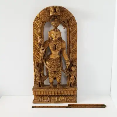 Carved wood Apsara woman goddess Indian South Asian 24”H c1990, View more