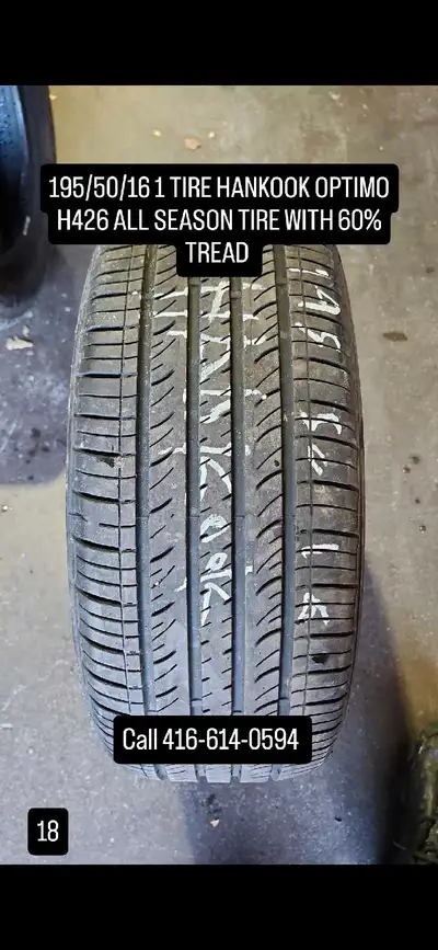 This is a used Hankook Optimo H426 all-season tire, size 195/50/16, with 60% tread remaining, perfec...