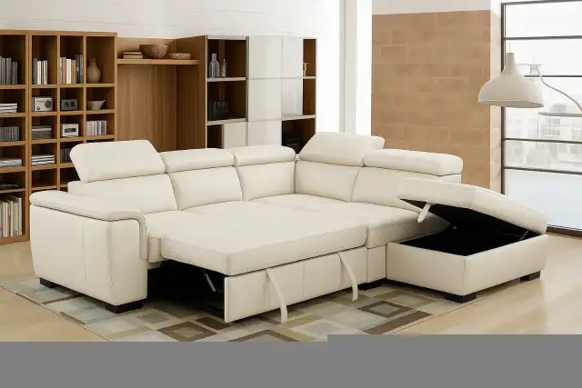 Genuine Top Grain leather sectional  with hide-a-Bed & Storage in Couches & Futons in Vancouver - Image 3
