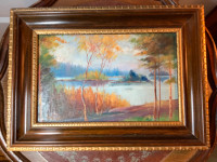 Antique Acrylic Ptg Rural/Water Scene by Artist E. Wilson 