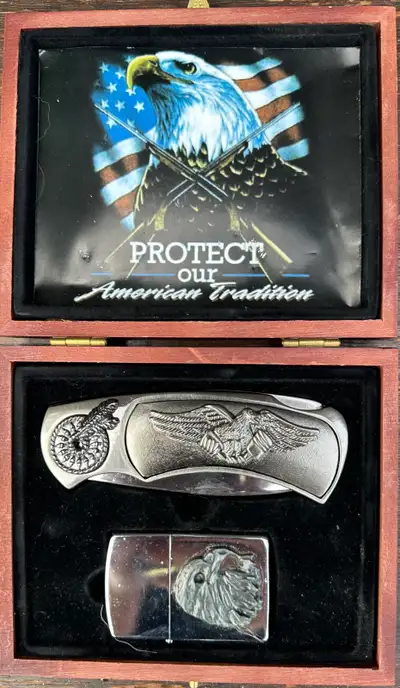 This collectors set includes a Zippo lighter and a knife, both adorned with eagle designs, presented...