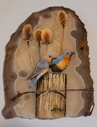 Blue Birds Hand-painted on Sliced Natural Agate Stone  by Ramon