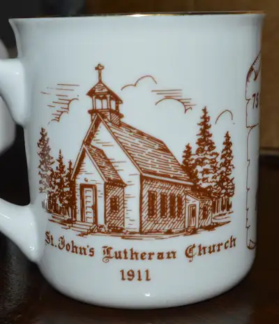 ST. JOHN'S LUTHERAN CHURCH BEACH CORNER ANNIVERSARY MUGS __ 4 - 60th anniversary ___ 2 - 75th annive...