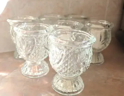 7 "cut" glass candle holders/dessert dishes, View more