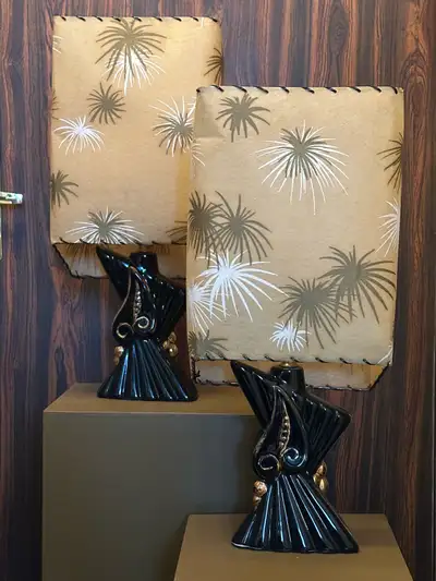 PAIR 1950’S BLACK POTTERY TABLE LAMPS VINTAGE SHADES, View more