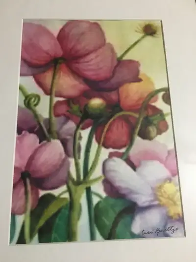Bright bold colourful floral print 13” wide by 15” high including metal frame glass and white mattin...