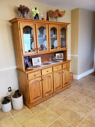 Custom made Bass River Chairs brand. Made in Nova Scotia. Pecan coloured stain, solid birch hutch. H...