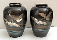 JAPAN METAL ENAMELLED VASES - SILVER AND GOLD PLATED CRANES -$85