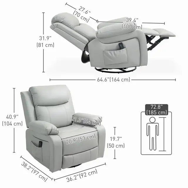  PU Leather Reclining Chair with Vibration Massage Rocker, Swive in Chairs & Recliners in Markham / York Region - Image 3