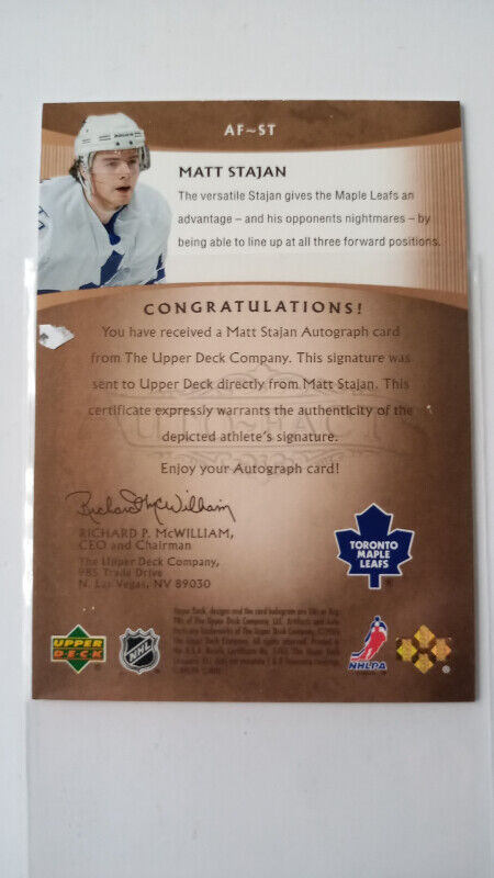 2005-06 Artifacts Autofacts gold AF-ST Matt Stajan 1/100 Toronto in Arts & Collectibles in St. Catharines - Image 4