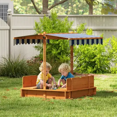 Wooden Kids Sandbox with Cover, Sand Play Station with Foldable Bench Seats and Adjustable Canopy, R...