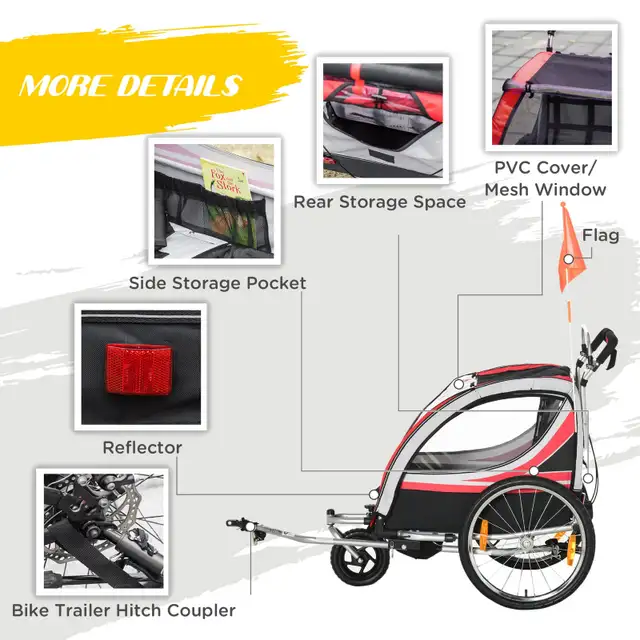 Aosom 2 Seat Bike Trailer for Kids with Handbrake in Road in Markham / York Region - Image 7
