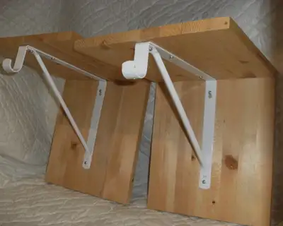 Wall-Mount Square Shelf made from Natural Wood (Pine) and white metal bracket, with hook. Top Side S...
