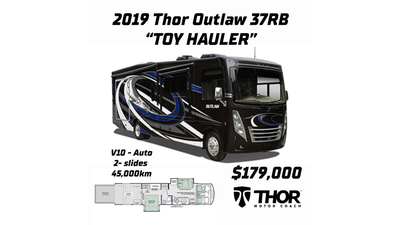 2019 Thor Outlaw 37RB – Class A Gas Toy Hauler with Bath & ½ + Garage Patio Highlights Private rear...
