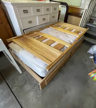 Pine, twin bed, headboard, and footboard plus mattress, View more