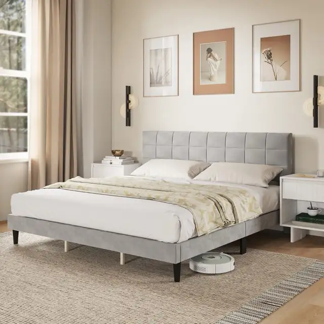 Modern King Size Bed Frame with Upholstered Headboard  in Beds & Mattresses in Markham / York Region - Image 10