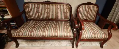 Beautiful Carved Mahogany and Fabric Bench and Chair, View more
