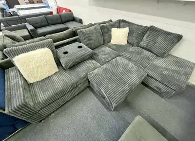 Grey Corduroy Sectional Sofa with Ottoman + Cup Holders , View more