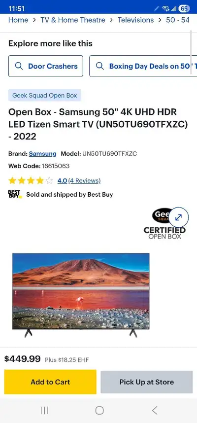 Samsung 50" 4K UHD HDR LED Tizen Smart TV (TU690T) FROM $300, View more