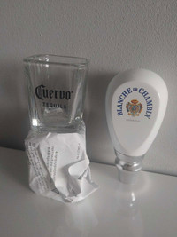New- tap handle & 2 shot glasses- Blanche de chambly and Cuervo 