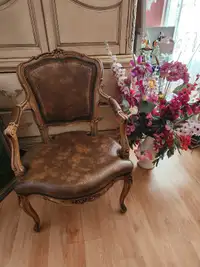 Antique Wood Chair with Gilded Leather 