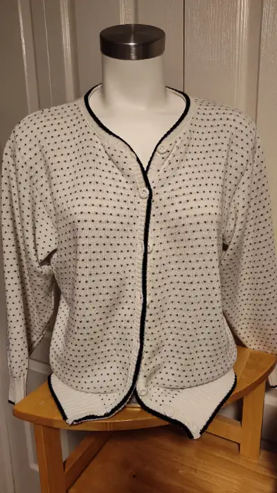 Ladies white with black accents cardigan sweater retro style., View more
