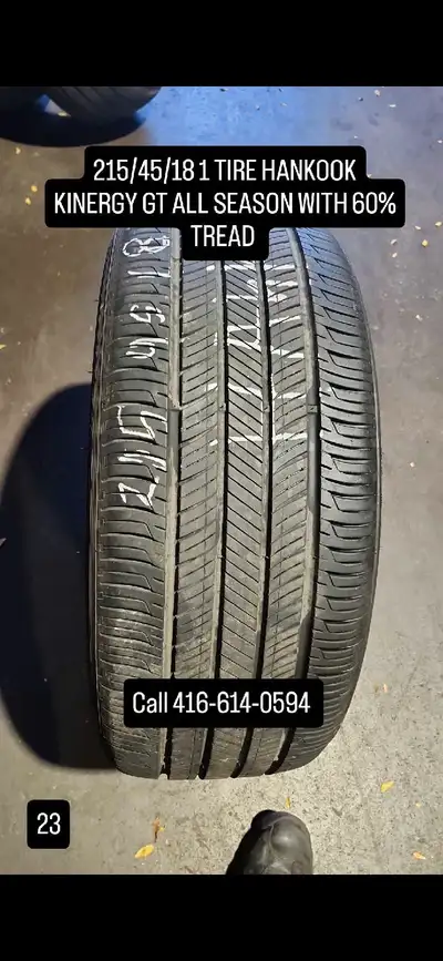 Selling a Hankook Kinergy GT all-season tire, size 215/45R18, with approximately 60% tread remaining...
