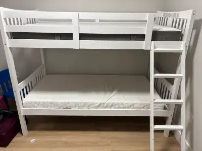 Detachable Solid Hardwood Twin Bunk bed with 2 IKEA twin cushions - Barely Used