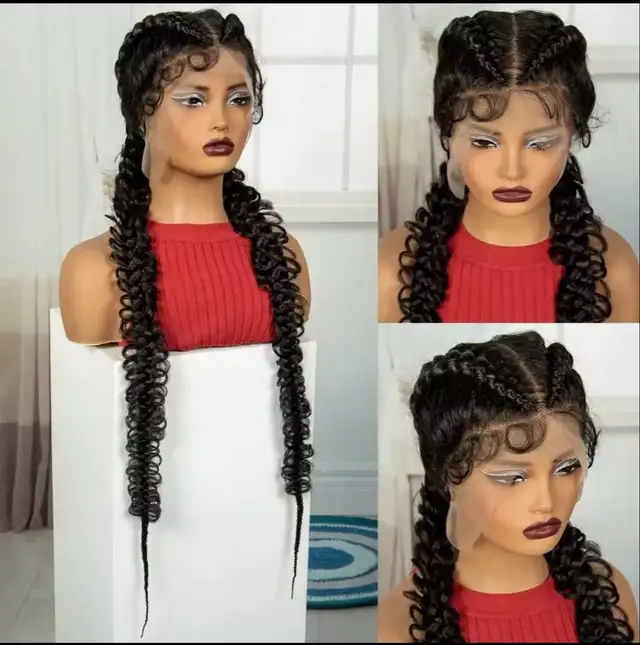 New!!! Black Braided Lace Front Wig with Curly Pigtails.62863729962114121