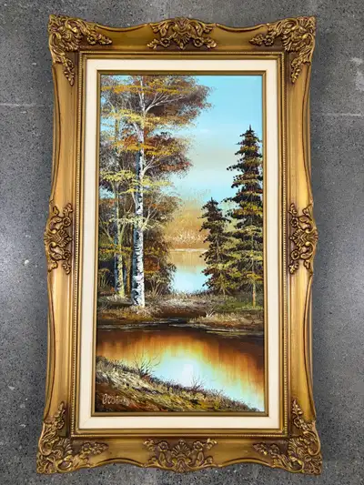 Beautiful original hand-painted landscape oil painting featuring a peaceful lake and woodland scene...