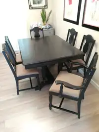 Solid walnut trestle table with 6 chairs