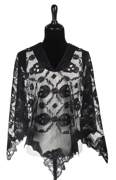 Knock 'em dead wearing this "SKULL & BAT PONCHO COSTUME" measuring 54" w x 27" H. 100% Polyester wov...