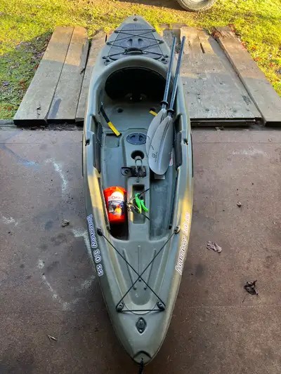 Great shape. Comes with paddles and cart. Caught some hogs out of this kayak!!
