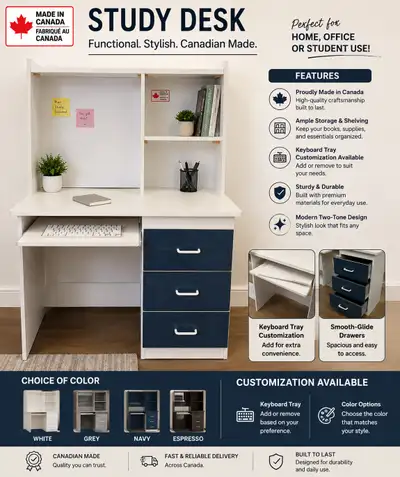  Canadian Made Study Desk | Customizable | Multiple Colors, View more