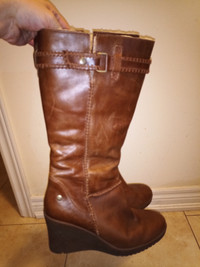 UGG Maxine Brown Knee Boots Wedge Shearling Lined. Size 9.