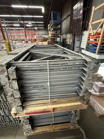 Used pallet racking for sale 10’ tall x 44” deep frames only $50 each! 92” long x 4” thick beams onl...