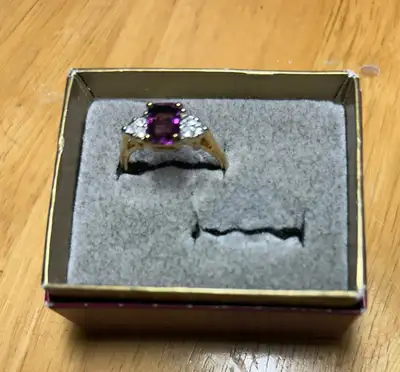 Size 9, electroplated will not tarnish This is a vintage yellow gold emerald cut amethyst diamond zi...