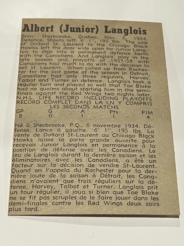 ALBERT LANGLOIS (RC) 1958-59 Parkhurst #5 Montreal Canadiens RC. dans Art et objets de collection  à Longueuil/Rive Sud - Image 2