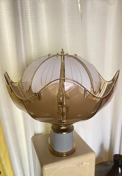 Wide Mid Century Amber Tinted Tulip Glass Table Lamp - $200 Cash, View more