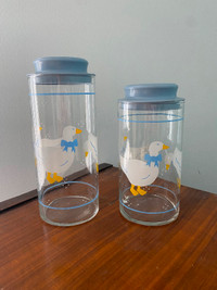 Two vintage duck glass storage containers