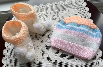 One-of-a-Kind Hand Knit Baby Hat & Booties Set#3 (Peach Stripe), View more