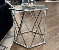 Brand New Glass & Chrome Side Tables w a hexagonal silhouette