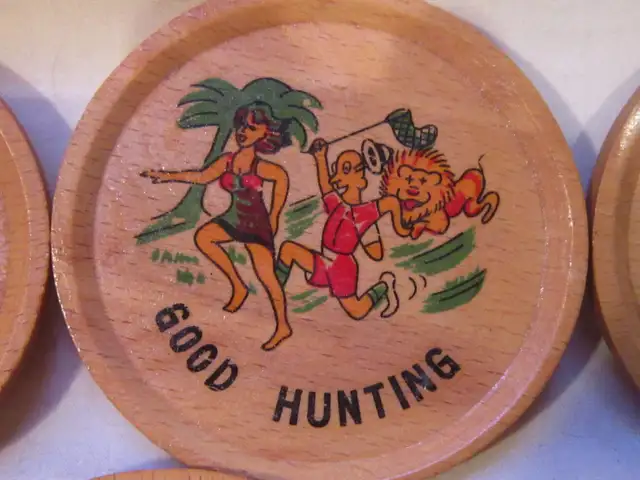 Vintage ~ Wooden ~ Joke Coasters ~ Set of 6 #5862863258209410124