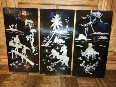 Set of 3 beautiful 23 1/4" by 11.5" Asian Black Lacquered Wood &, View more