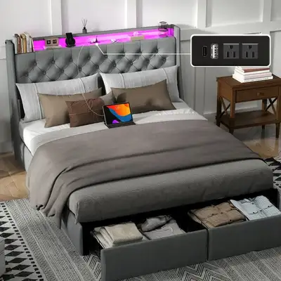 Full Size Bed Frame with Storage Headboard and 2 Storage Drawers, View more